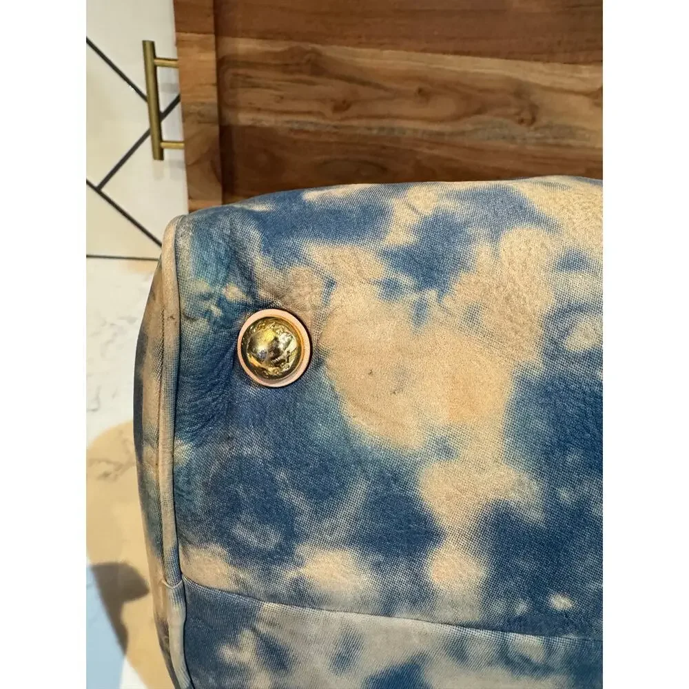 Michael Kors blue beige tie-dye Grayson satchel tan leather trim gold hardware